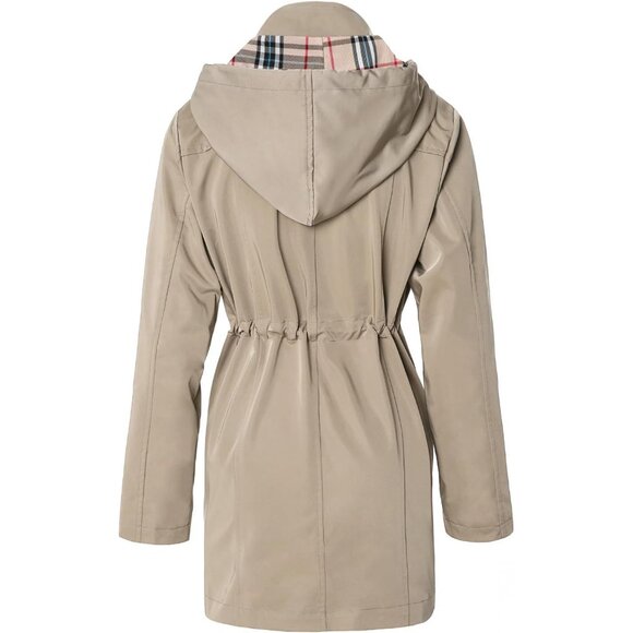 Women's Khaki Waterproof Long Raincoat Outdoor Windbreaker Jacket with Hood - Picture 2 of 7